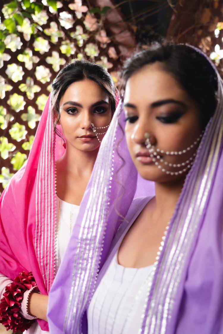 'ROOH-AFZA' Pink & Ombré Mulmul Cotton Anarkali (Set Of 3)