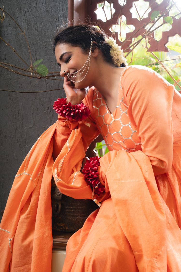 'KESARI' Orange Mulmul Cotton Anarkali (Set Of 3)