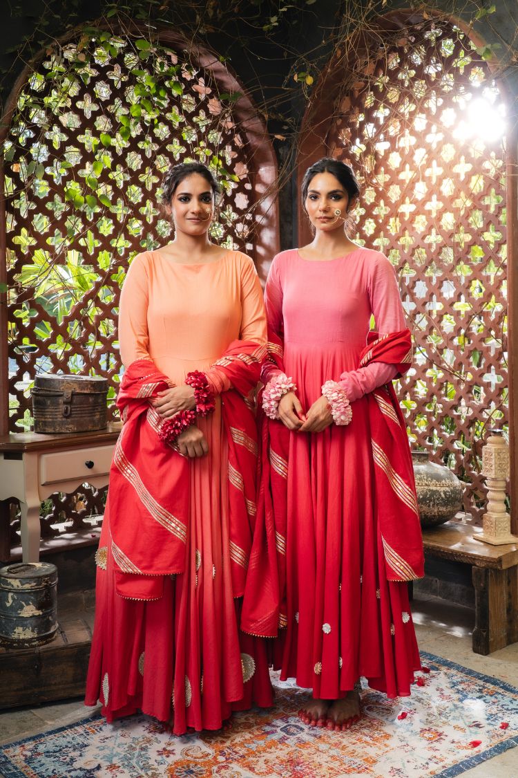'DILRUBA' Pink & Maroon Ombré Mulmul Cotton Anarkali (Set Of 2)