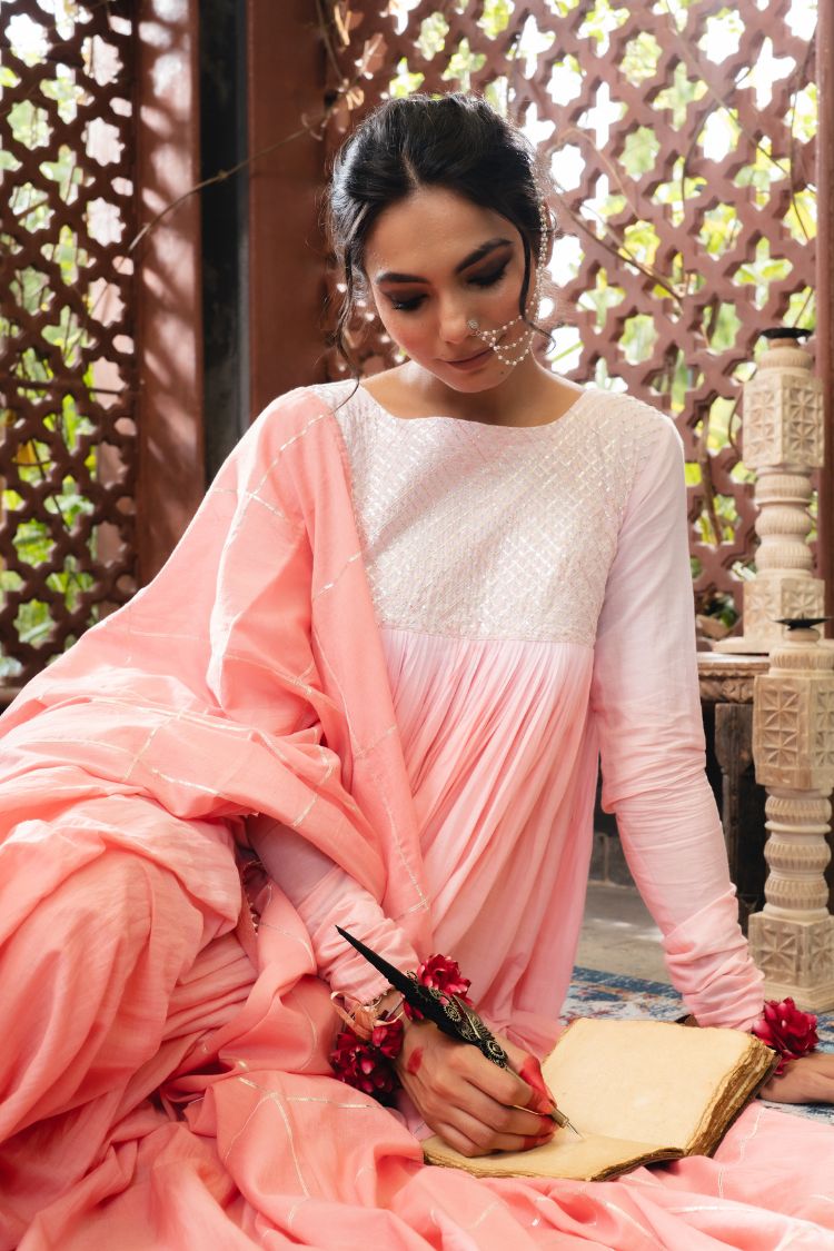 'SHARBAT' Blush Pink & Ombré Mulmul Cotton Anarkali (Set Of 3)