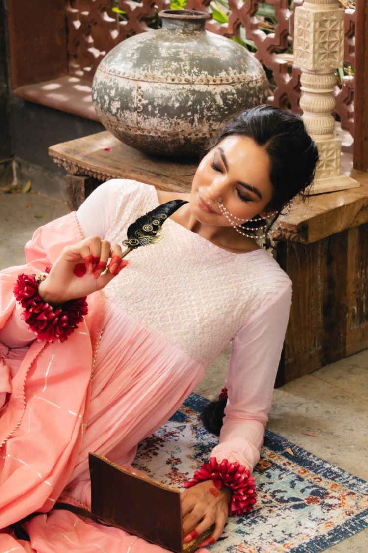 'SHARBAT' Blush Pink & Ombré Mulmul Cotton Anarkali (Set Of 3)