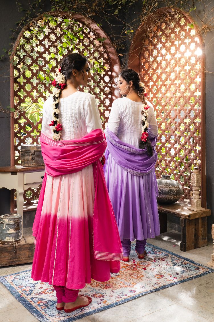 'ROOH-AFZA' Pink & Ombré Mulmul Cotton Anarkali (Set Of 3)
