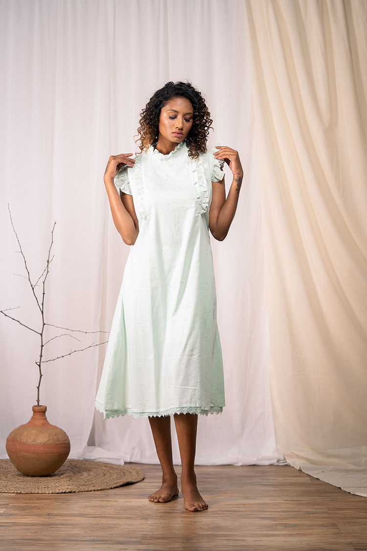 SUNBEAM' Mint Green Mulmul Cotton Dress – TARAASI