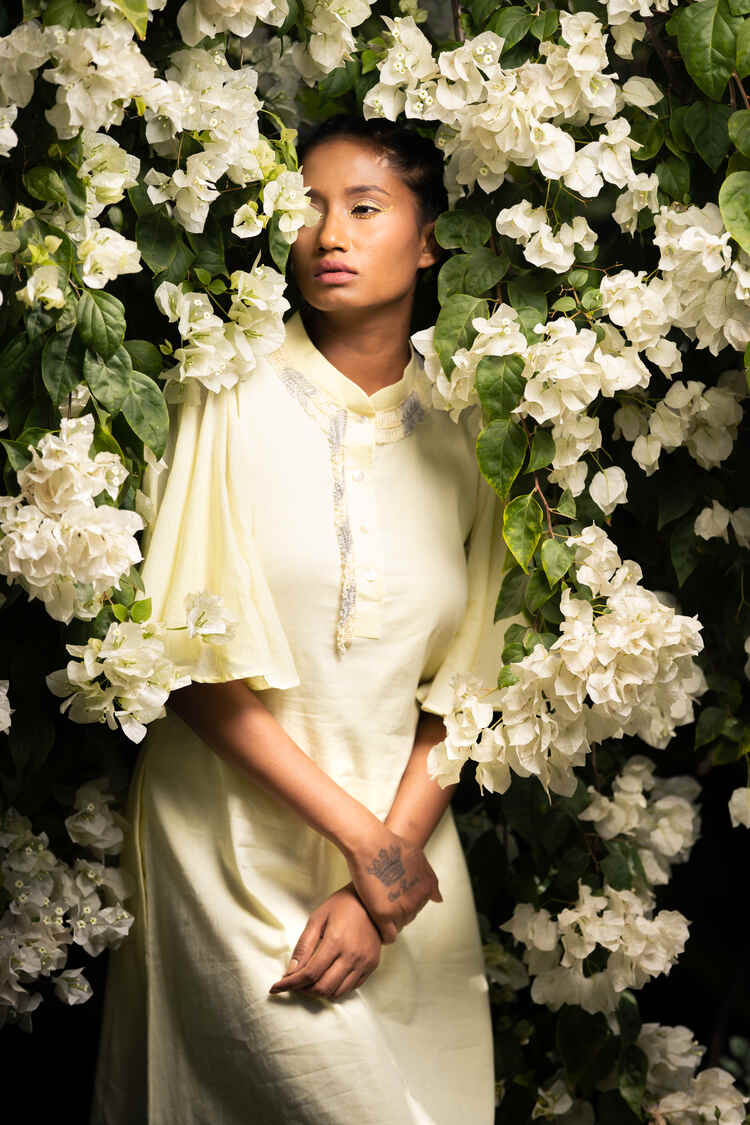 'A BLOOMING FLOWER' Pastel Yellow Mulmul Cotton Dress