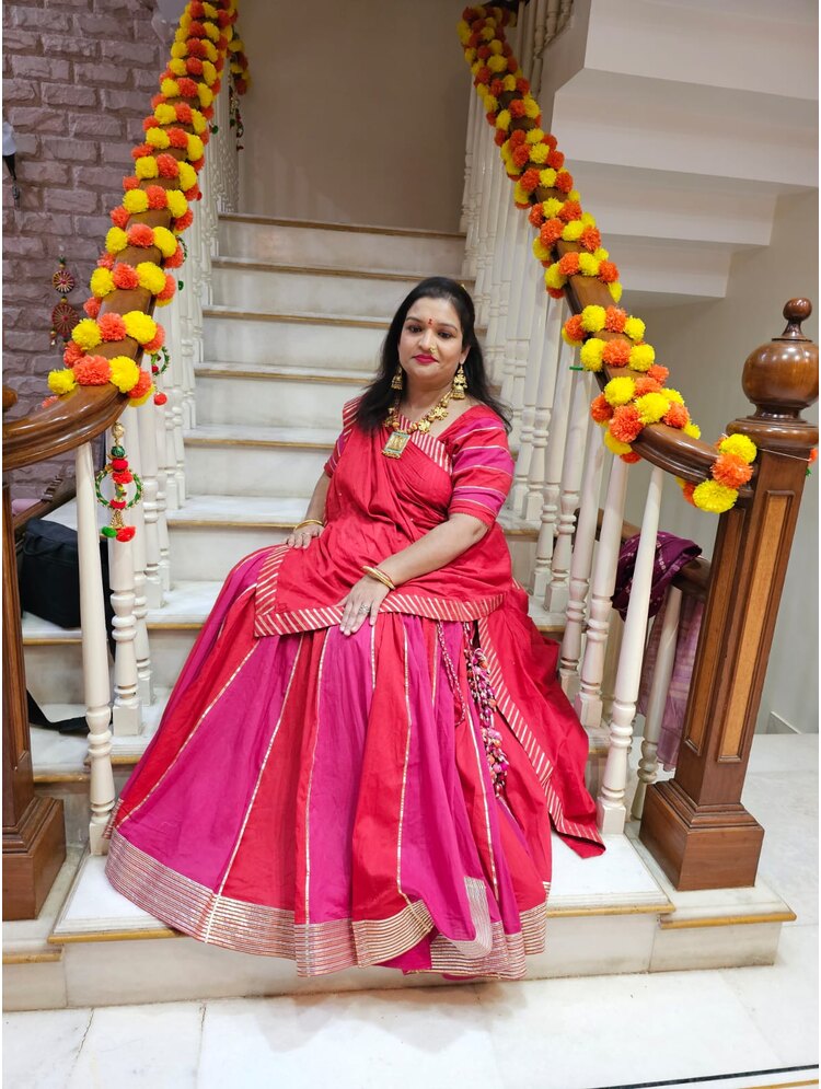 'SURKH GULABI' Pink & Red Mulmul Cotton Kalidar Ghaghra