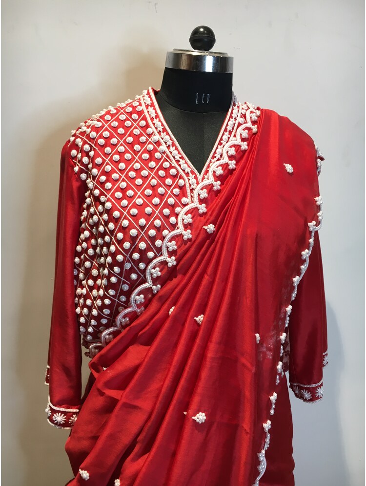 'GUL E RAANA' Red Handloom Chanderi Silk Saree (Set Of 2)