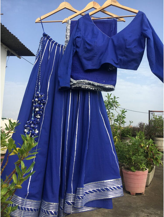 'NILAYA' Blue Mulmul Cotton Kalidar Ghaghra (Set Of 3)