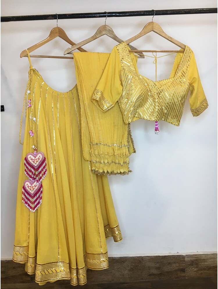 'ANINDITA' Yellow Mulmul Cotton Kalidar Ghaghra (Set Of 3)