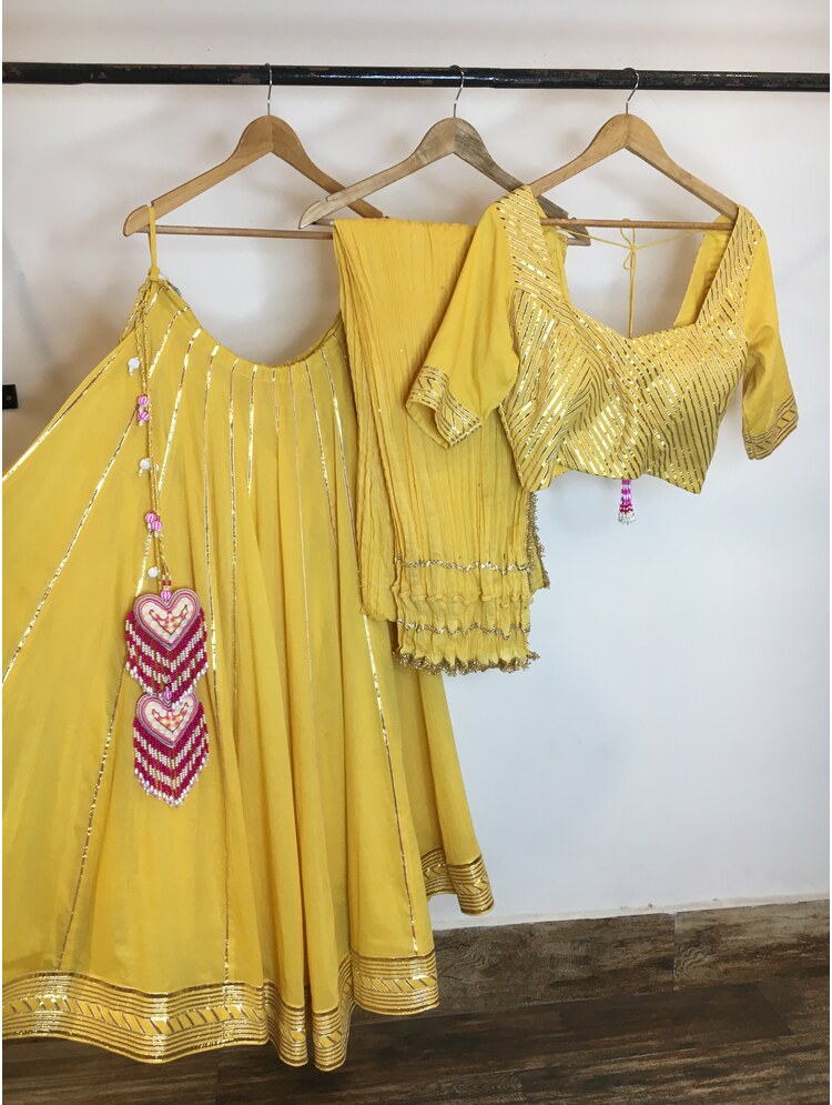 'ANINDITA' Yellow Mulmul Cotton Kalidar Ghaghra (Set Of 3)