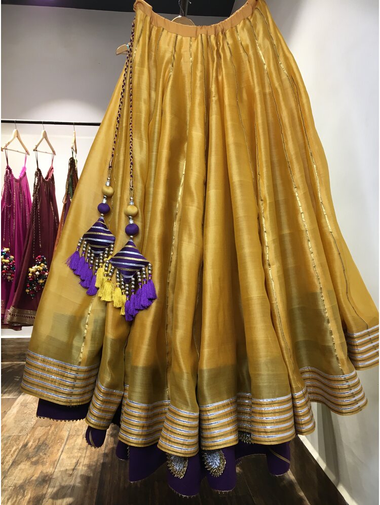 'RANG-E-ARZOO' Yellow & Purple Double Layered Handloom Chanderi Silk Kalidar Ghaghra