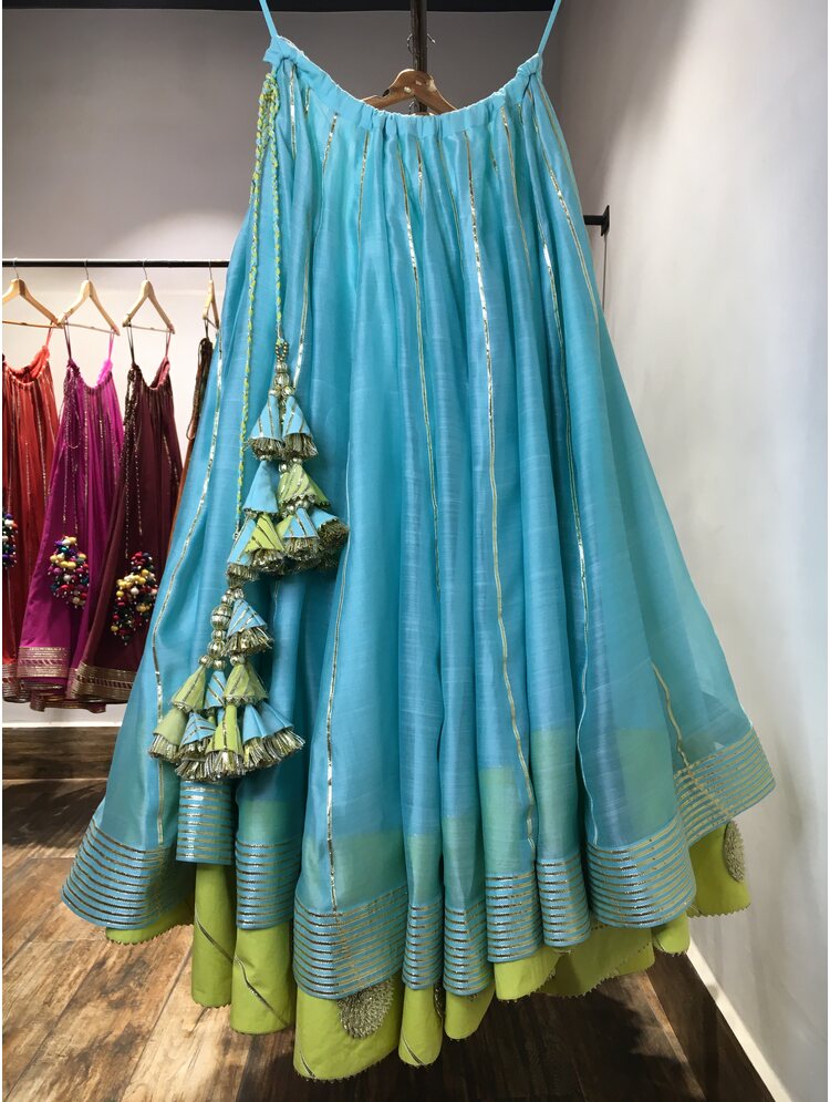 'RANG-E-HAYA' Sea Green & Lime Yellow Double Layered Handloom Chanderi Silk Kalidar Ghaghra