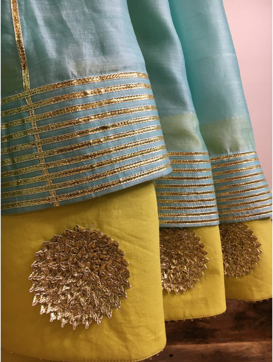 'RANG-E-HAYA' Sea Green & Lime Yellow Double Layered Handloom Chanderi  Silk Kalidar Ghaghra