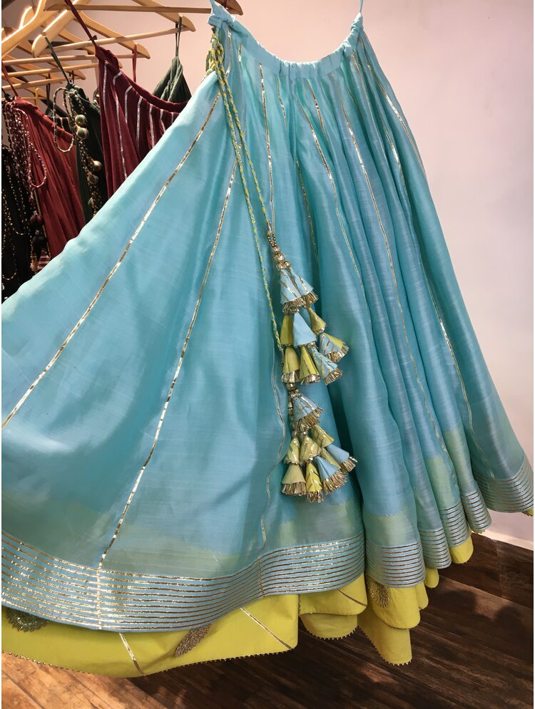 'RANG-E-HAYA' Sea Green & Lime Yellow Double Layered Handloom Chanderi  Silk Kalidar Ghaghra