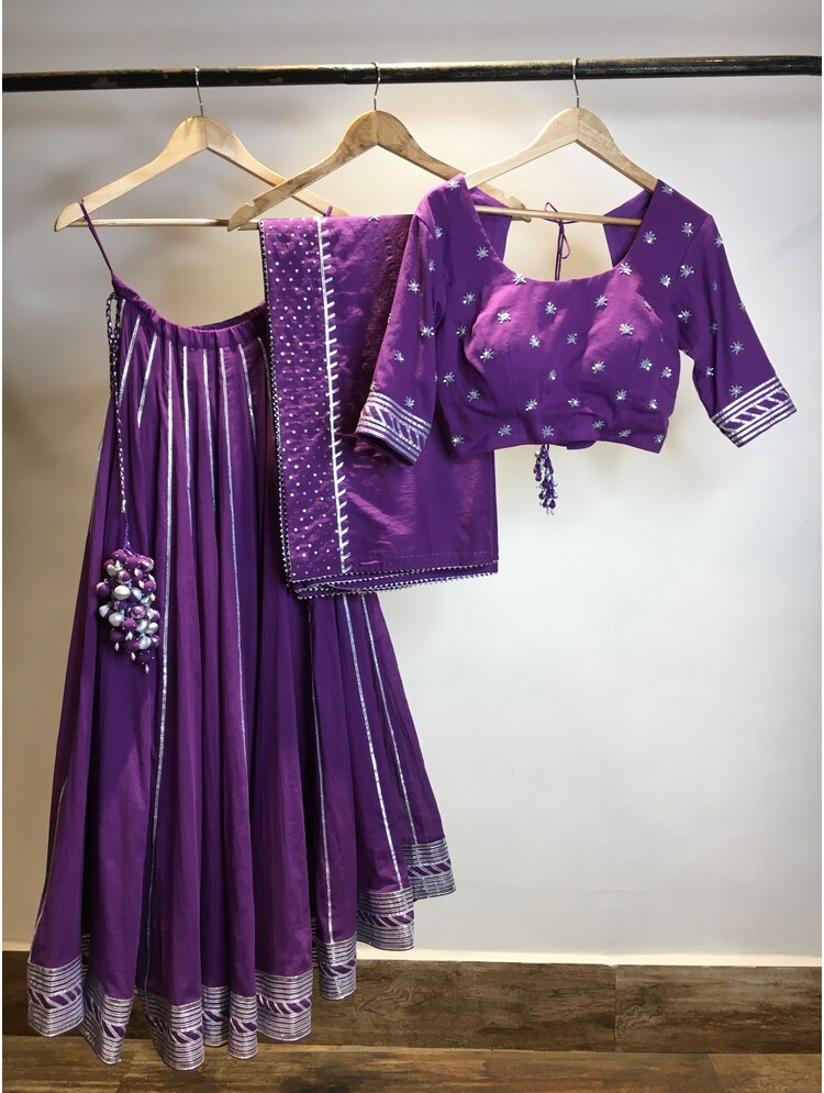 'JAMUNIA' Purple Mulmul Cotton Kalidar Ghaghra (Set Of 3)