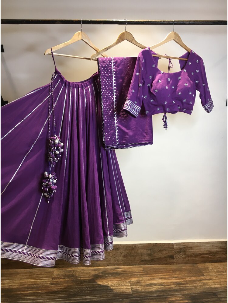 'JAMUNIA' Purple Mulmul Cotton Kalidar Ghaghra (Set Of 3)