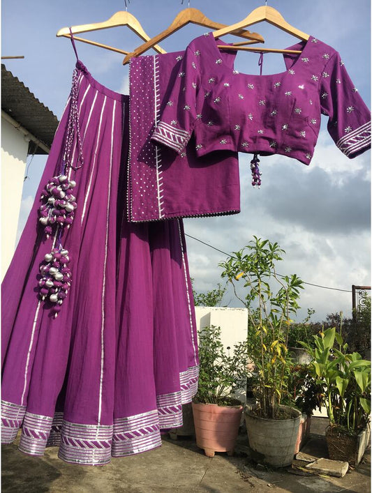 'JAMUNIA' Purple Mulmul Cotton Kalidar Ghaghra (Set Of 3)