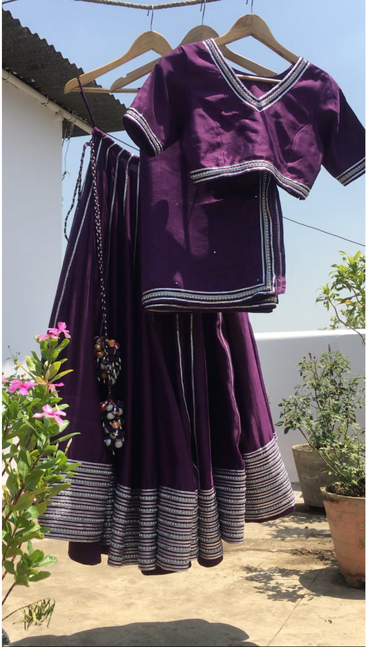 'CHAMKEELI' Purple Handloom Chanderi Silk Kalidar Ghaghra (Set Of 3)