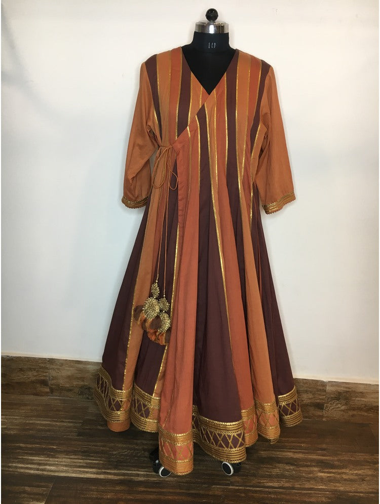 'MAHUA' Shades of Brown Mulmul Cotton Kalidar Angrakha