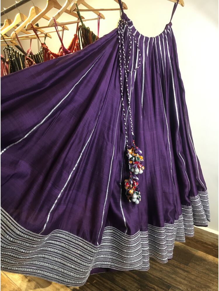'CHAMKEELI' Purple Handloom Chanderi Silk Kalidar Ghaghra (Set Of 3)