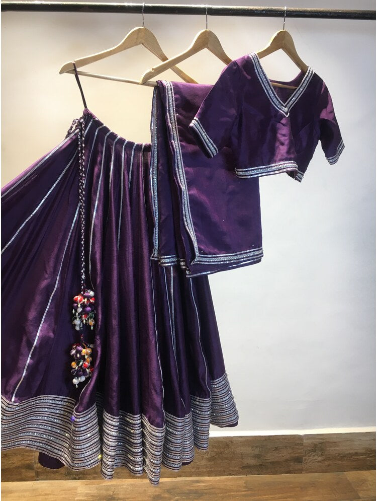 'CHAMKEELI' Purple Handloom Chanderi Silk Kalidar Ghaghra (Set Of 3)
