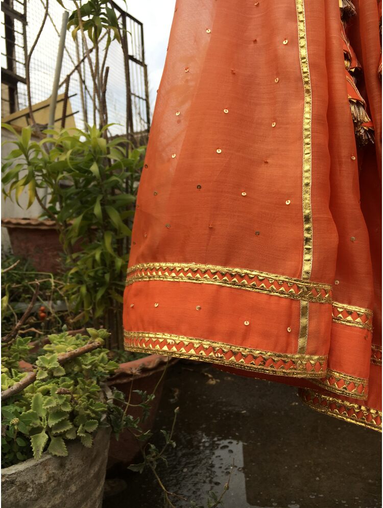 'KANISHKA' Orange Ombre Handloom Chanderi Silk Kalidar Ghaghra (Set of 3)