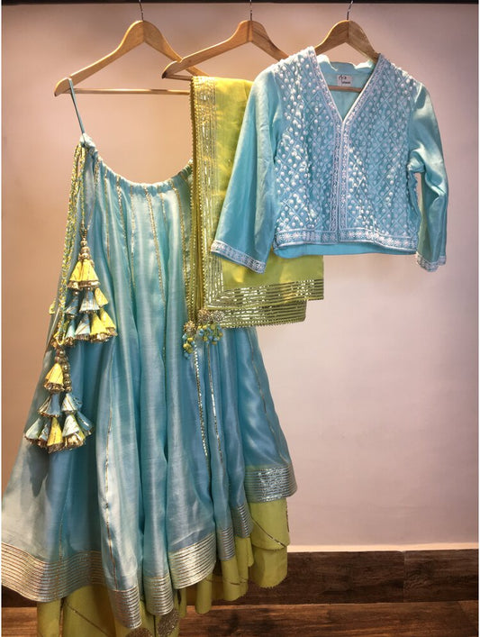 'RANG-E-HAYA' Sea Green & Lime Yellow Double Layered Handloom Chanderi Silk Kalidar Ghaghra (Set Of 3)