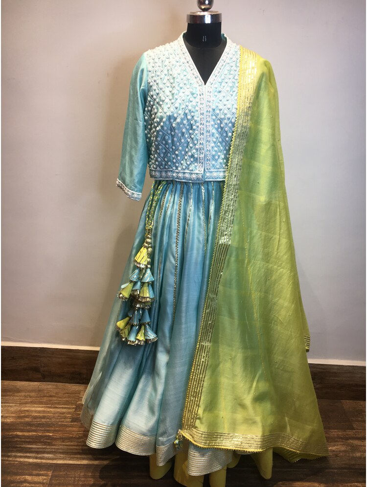 'RANG-E-HAYA' Sea Green & Lime Yellow Double Layered Handloom Chanderi Silk Kalidar Ghaghra (Set Of 3)