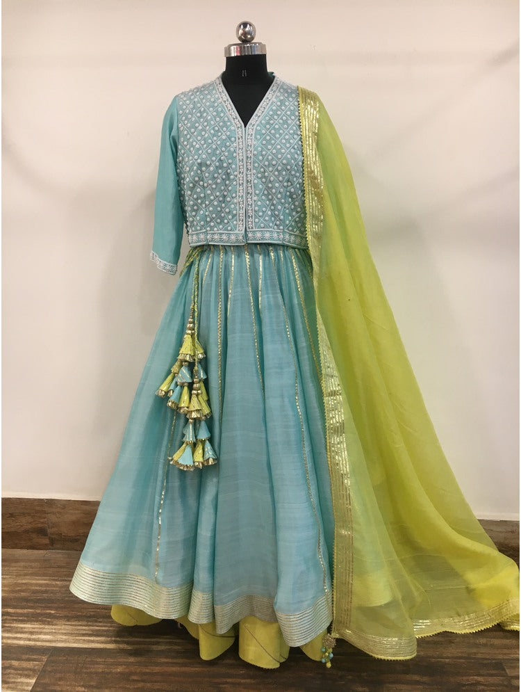 'RANG-E-HAYA' Sea Green & Lime Yellow Double Layered Handloom Chanderi Silk Kalidar Ghaghra (Set Of 3)