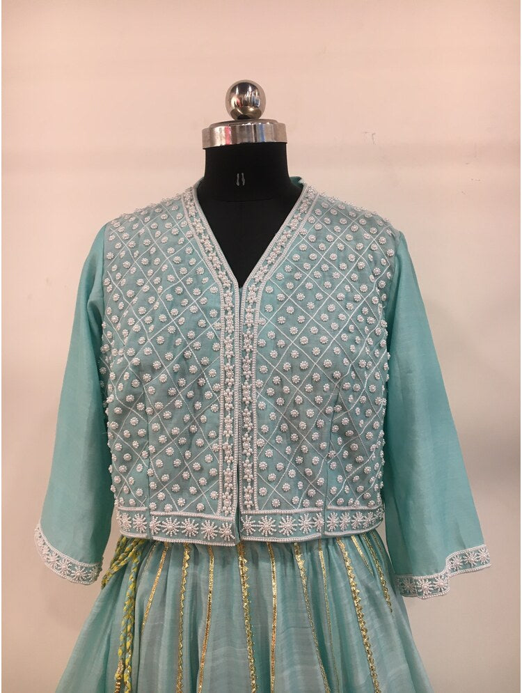 'RANG-E-HAYA' Sea Green & Lime Yellow Double Layered Handloom Chanderi Silk Kalidar Ghaghra (Set Of 3)