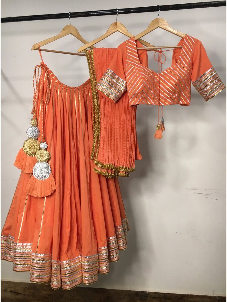 'SURYAMUKHI' Orange Mulmul Cotton Kalidar Ghaghra (Set Of 3)