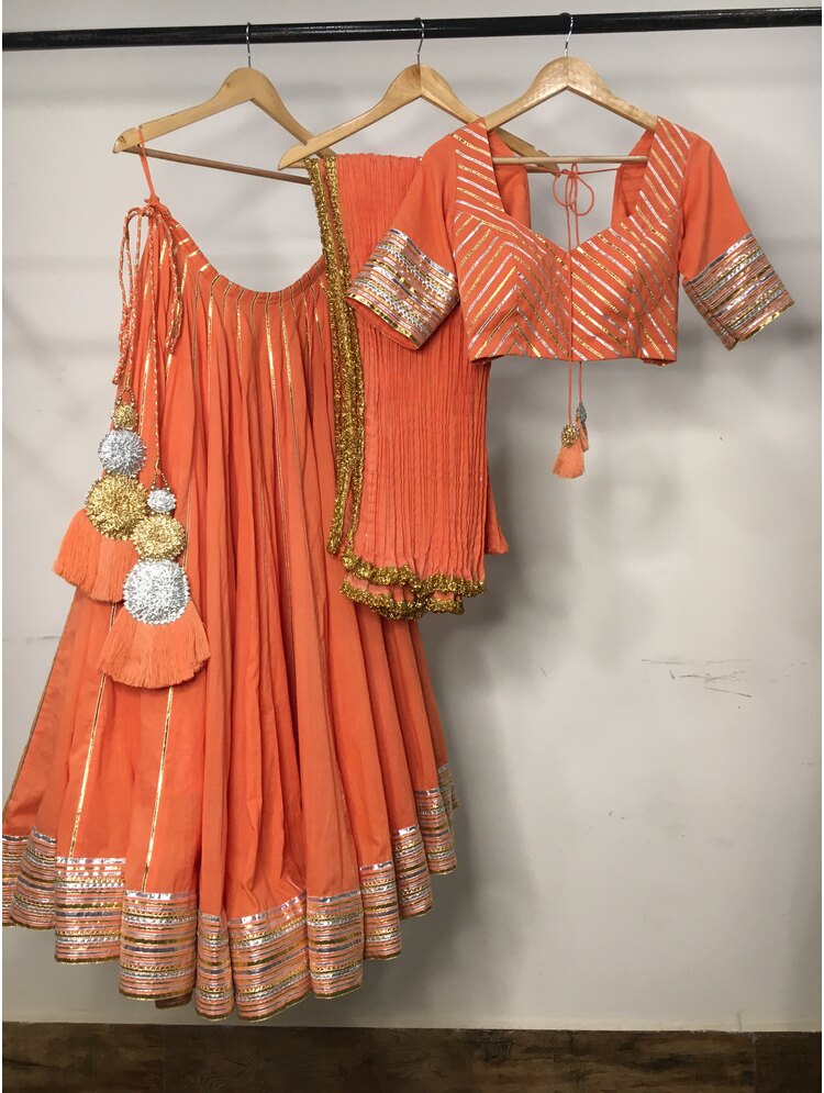 'SURYAMUKHI' Orange Mulmul Cotton Kalidar Ghaghra (Set Of 3)