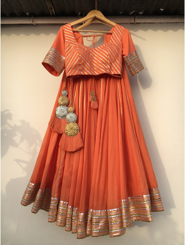 'SURYAMUKHI' Orange Mulmul Cotton Kalidar Ghaghra (Set Of 3)