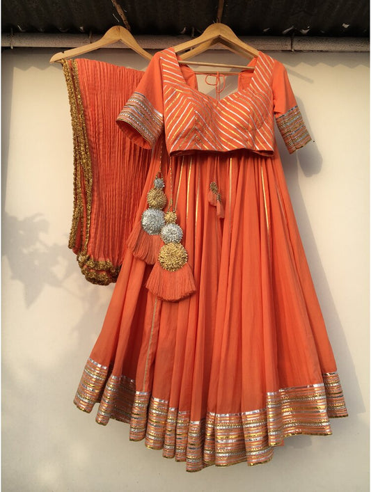 'SURYAMUKHI' Orange Mulmul Cotton Kalidar Ghaghra (Set Of 3)