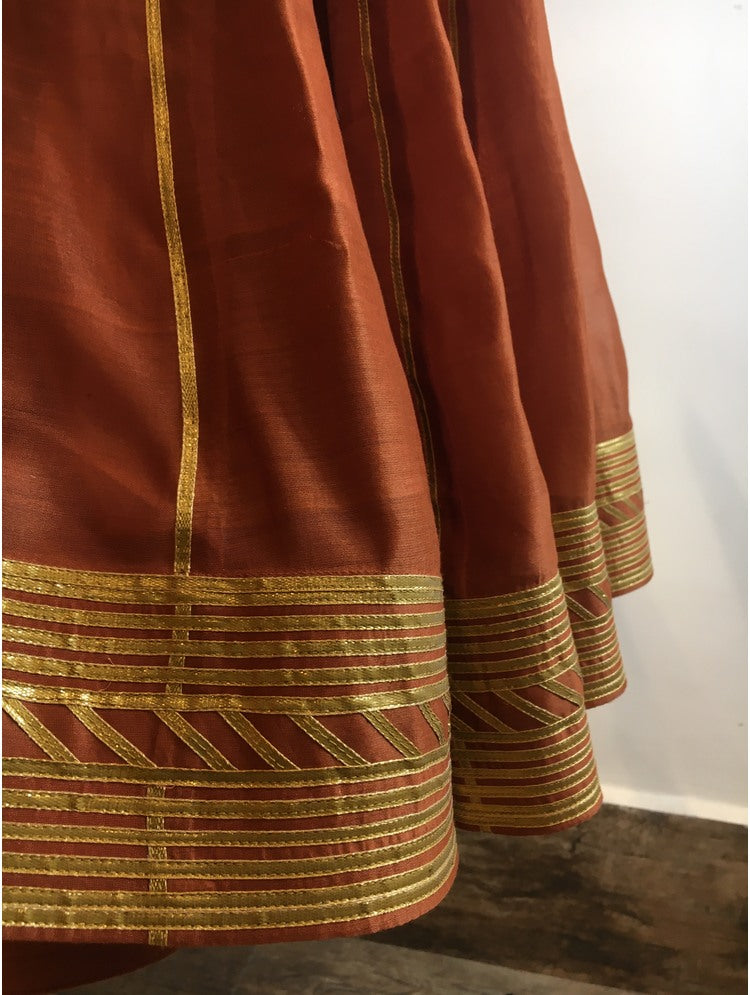'MAHIRA' Rust Handloom Chanderi Silk Kalidar Ghaghra (Set Of 3)