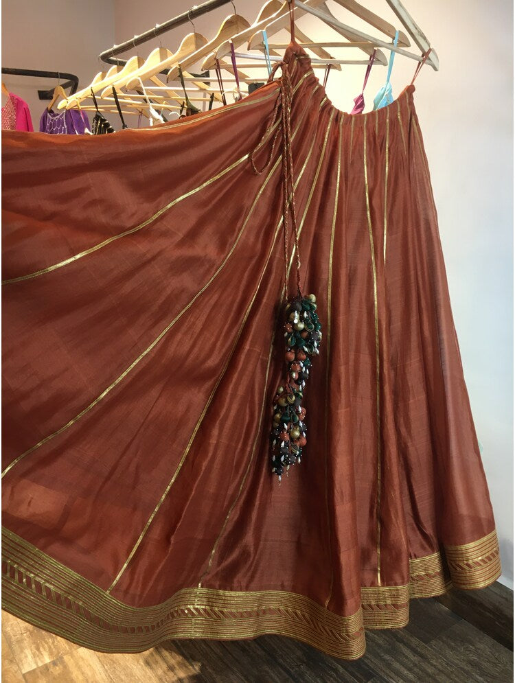 'MAHIRA' Rust Handloom Chanderi Silk Kalidar Ghaghra (Set Of 3)