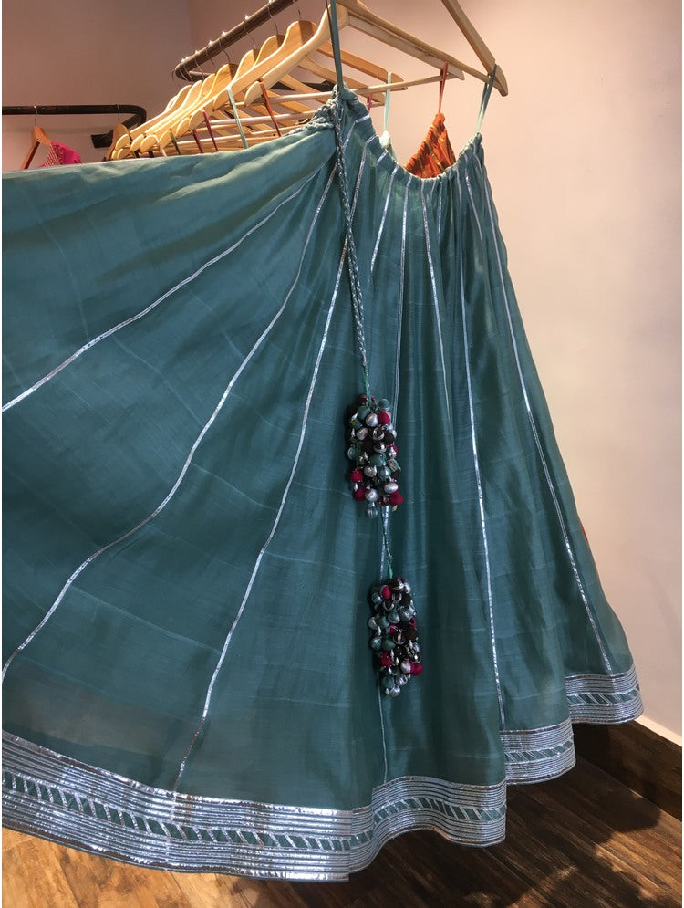 'MEHRU' Teal Blue Handloom Chanderi Silk Kalidar Ghaghra (Set Of 3)