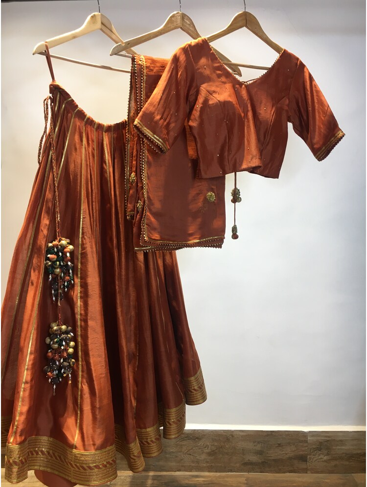 'MAHIRA' Rust Handloom Chanderi Silk Kalidar Ghaghra (Set Of 3)