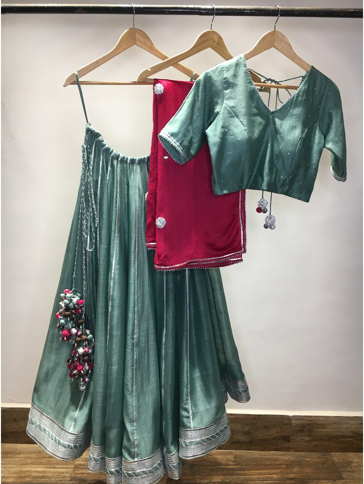 'MEHRU' Teal Blue Handloom Chanderi Silk Kalidar Ghaghra (Set Of 3)
