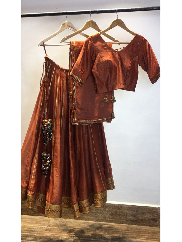 'MAHIRA' Rust Handloom Chanderi Silk Kalidar Ghaghra (Set Of 3)