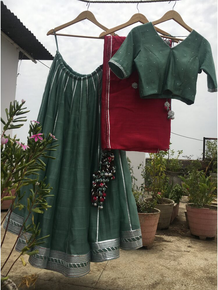 'MEHRU' Teal Blue Handloom Chanderi Silk Kalidar Ghaghra (Set Of 3)
