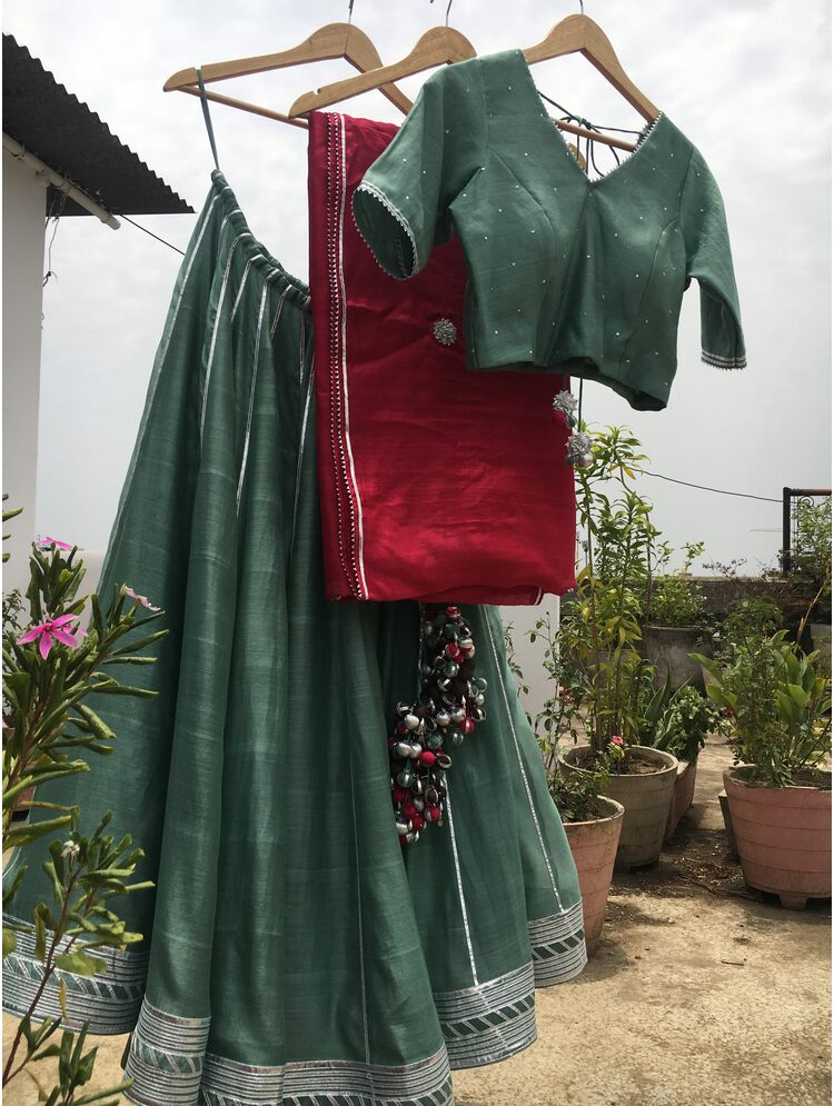 'MEHRU' Teal Blue Handloom Chanderi Silk Kalidar Ghaghra (Set Of 3)