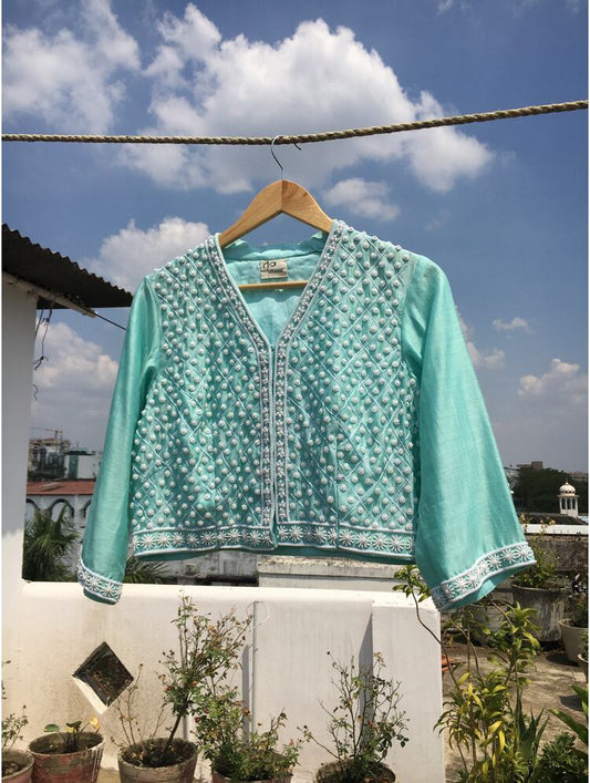 'GOHAR' Sea green Handloom Chanderi Silk Blouse