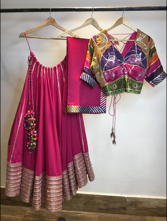 'SITARA' Rani Pink Mulmul Cotton Kalidar Ghaghra (Set Of 3)