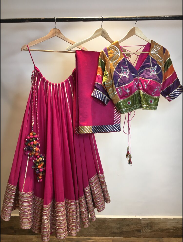 'SITARA' Rani Pink Mulmul Cotton Kalidar Ghaghra (Set Of 3)