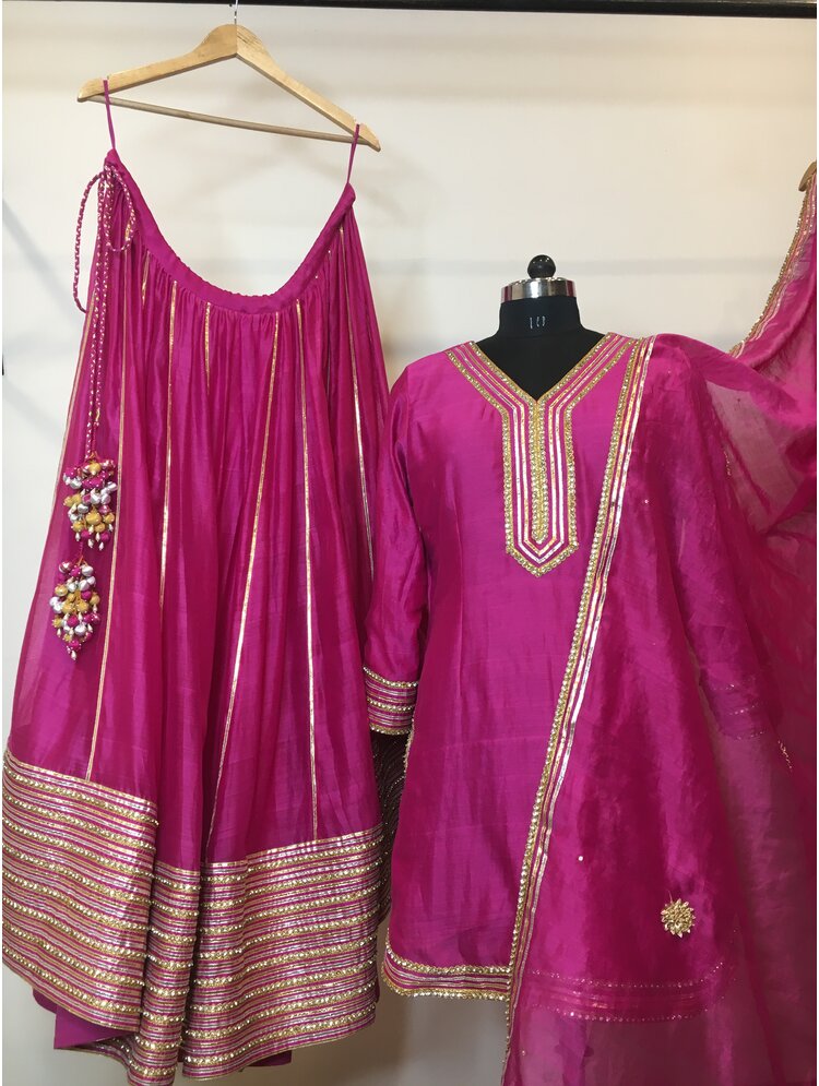 'JHILMIL' Rani Pink Handloom Chanderi Silk Kalidar Sharara (Set Of 3)