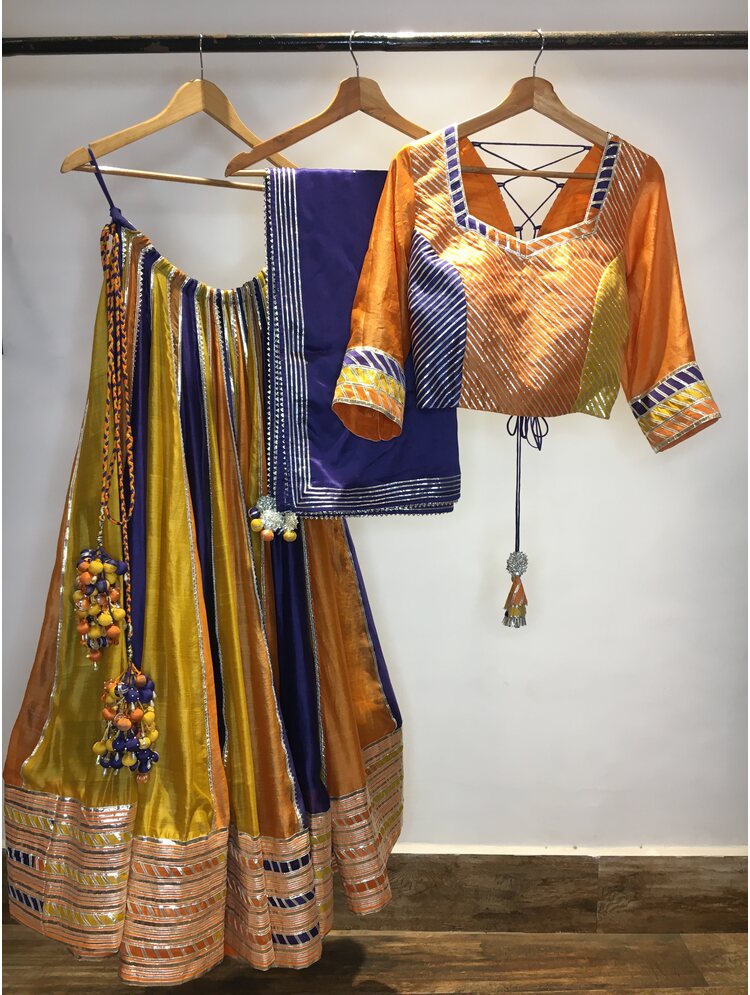 'BIJURIA' Multicolor Handloom Chanderi Silk Kalidar Ghaghra (Set Of 3)