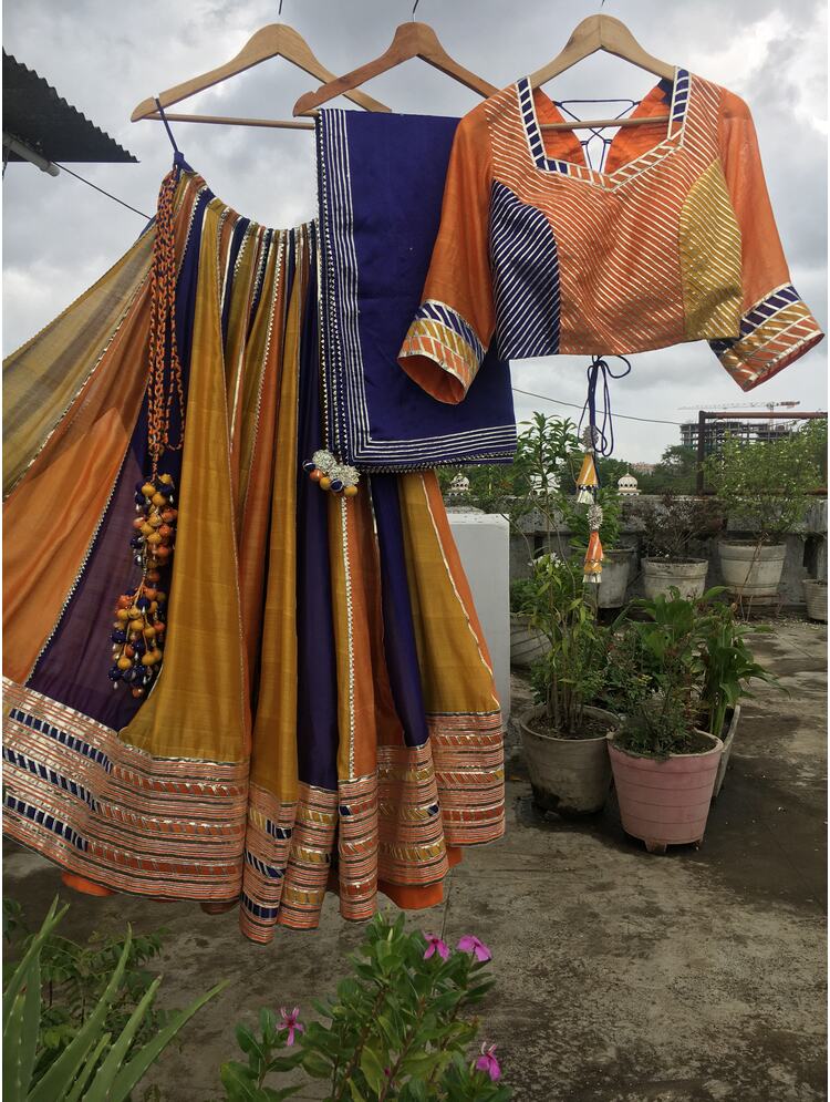 'BIJURIA' Multicolor Handloom Chanderi Silk Kalidar Ghaghra (Set Of 3)