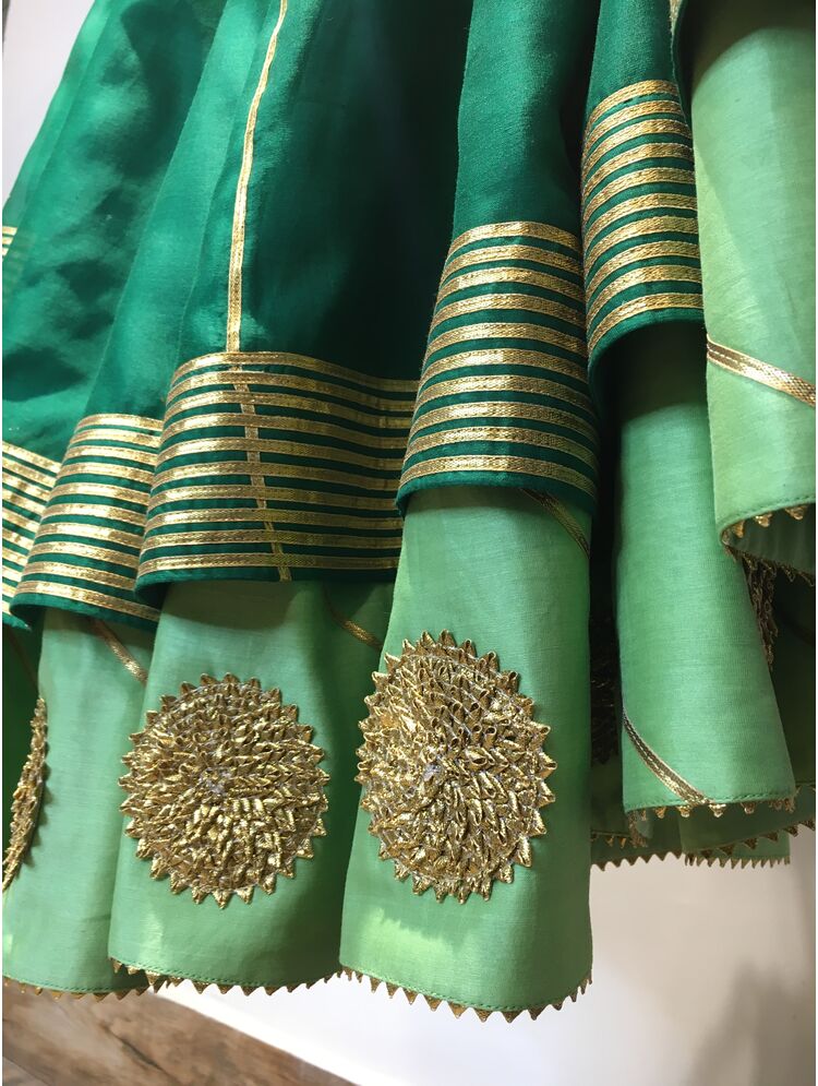 'SAAJ' Green And Parrot Green Double Layered Handloom Chanderi Silk Kalidar Ghaghra