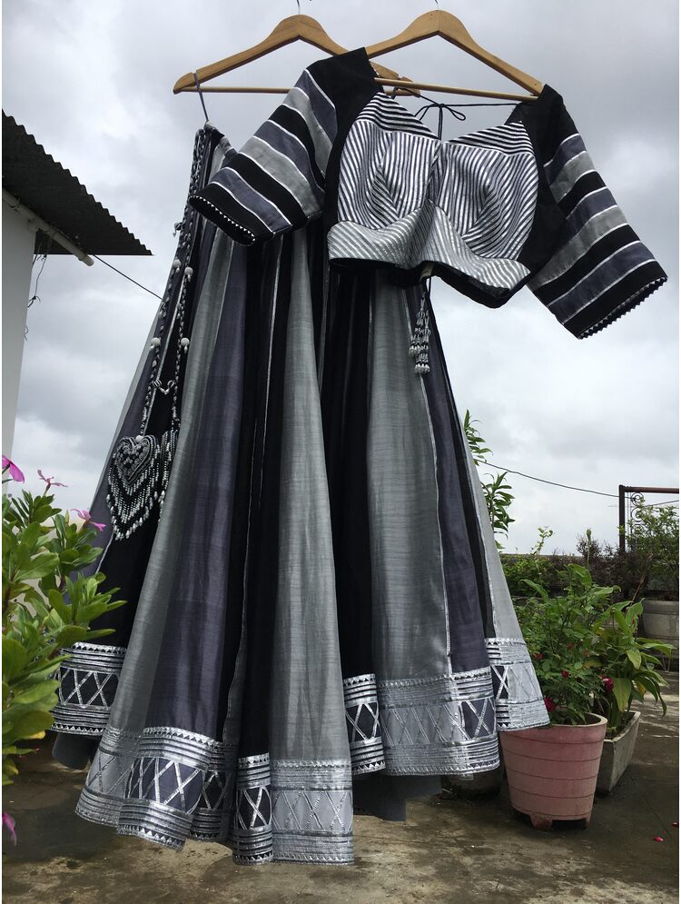 'SYAAHI' Multicolor Handloom Chanderi Silk Kalidar Ghaghra