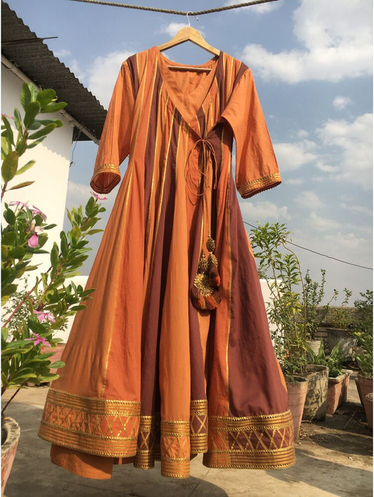 'MAHUA' Shades of Brown Mulmul Cotton Kalidar Angrakha